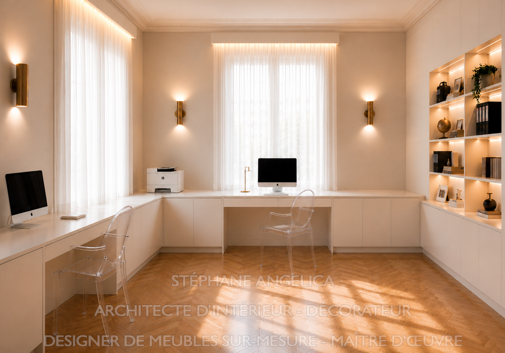 Meuble sur mesure et bureau télétravail conçus par une architecte d'intérieur à Enghien-les-Bains 95